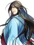  black_hair blue_eyes grin izumi-no-kami_kanesada japanese_clothes long_hair low-tied_long_hair male_focus piyo shinsengumi smile solo touken_ranbu very_long_hair 