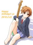  barefoot brown_eyes brown_hair dresstrip fender guitar happy_birthday hirasawa_ui instrument k-on! ponytail sakuragaoka_high_school_uniform school_uniform short_hair solo 