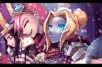  beancurd blonde_hair blue_eyes brown_hair caitlyn_(league_of_legends) coat goggles goggles_on_head hat highres jinx_(league_of_legends) league_of_legends long_hair multiple_girls notebook open_mouth orianna_reveck pink_hair scarf smile snow vi_(league_of_legends) 