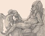  alien bigger_version_at_the_source chair claws clothed clothing dreadlocks duo greyscale headband human interspecies lurelin_(artist) male mammal mandibles monochrome nude pencil_(artwork) penis penis_tattoo predator_(franchise) size_difference tattoo traditional_media_(artwork) tusks yautja 