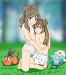  adult_baby bare_back blue_eyes brown_hair diaper double_bun gen_5_pokemon long_hair mei_(pokemon) multiple_girls oshawott pokemon pokemon_(creature) pokemon_(game) pokemon_bw pokemon_bw2 polka_dot ponytail striped tepig topless touko_(pokemon) twintails underwear underwear_only 