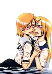  akane_(triangle_struggle) bangs blush breast_press breasts cheek-to-cheek collared_shirt glasses hikaru_(triangle_struggle) holding_hands incest interlocked_fingers kamotama long_hair looking_at_another multiple_girls open_mouth orange_hair partially_submerged red-framed_eyewear saliva saliva_trail school_uniform see-through serafuku shirt short_hair short_sleeves siblings sisters skirt small_breasts sweater_vest swept_bangs symmetrical_docking tongue tongue_out triangle_struggle water wet wet_clothes wet_shirt yuri 