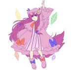  1girl absurdly_long_hair akiyoku boots bow crystal dress hat long_hair long_sleeves patchouli_knowledge pink_boots purple_eyes purple_hair reaching reaching_out solo touhou very_long_hair 