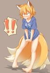  1girl :o angry animal_ears bare_legs barefoot blonde_hair blush clothes_writing commentary_request embarrassed fox_ears fox_tail full_body grey_background multiple_tails no_hat no_headwear no_pants open_mouth panties shirt shirt_tug short_hair simple_background solo standing t-shirt tail tamahana tears touhou underwear v-shaped_eyebrows white_panties yakumo_ran yellow_eyes 