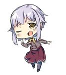  ;o black_legwear chibi finger_to_cheek frilled_skirt frills idolmaster idolmaster_cinderella_girls koshimizu_sachiko lavender_hair lowres one_eye_closed pantyhose ribbon short_hair sidelocks simple_background skirt solo standing tunamayochan white_background wing_collar yellow_eyes 