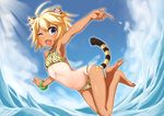  ;d animal_ears animal_print armpits bandaid barefoot bikini blonde_hair blue_eyes bracelet chocola_flex cloud day fang flat_chest jewelry navel ocean one-piece_tan one_eye_closed open_mouth original pointing short_hair sky smile solo swimsuit tail tan tanline tiger_ears tiger_print tiger_tail water 