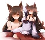  animal_ears arano_oki bare_shoulders breasts brooch brown_hair cleavage collarbone dress fang hair_over_eyes imaizumi_kagerou jewelry kneeling large_breasts leaf long_hair long_sleeves maple_leaf moon multiple_views night open_mouth red_eyes smile tail touhou very_long_hair wide_sleeves wolf_ears wolf_tail 