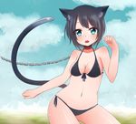  :o akky_(akimi1127) animal_ears aqua_eyes bikini black_bikini blush breasts cat_ears cat_tail chain collar fang front-tie_top looking_at_viewer medium_breasts navel open_mouth original short_hair side-tie_bikini solo swimsuit tail 