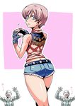  ass belt blue_eyes brown_hair denim denim_shorts fingerless_gloves gloves highres rebecca_chambers resident_evil resident_evil_0 short_hair short_shorts shorts tsuki_wani zombie 