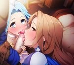  2girls ahoge armor bad_id bad_pixiv_id belt blue_eyes blue_hair blush breastplate brown_hair cape censored clothed_sex fellatio ffm_threesome fighter_(granblue_fantasy) fingernails from_above from_side gran_(granblue_fantasy) granblue_fantasy group_sex half-closed_eyes handjob hetero indoors katalina_aryze licking long_fingernails long_hair looking_at_another looking_at_viewer looking_up lyria_(granblue_fantasy) mosaic_censoring multiple_fellatio multiple_girls oral pauldrons penis pillow profile red_eyes saliva standing teamwork threesome tkhs tongue tongue_out turtleneck 