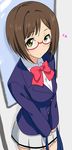  blush brown_hair glasses green_eyes idolmaster idolmaster_cinderella_girls looking_at_viewer maekawa_miku marugoshi_teppei school_uniform solo 