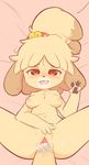  2015 animal_crossing anthro black_nose blonde_hair blush breasts canine claws cum cum_in_pussy cum_inside disembodied_penis dog duo female fur hair hearlesssoul isabelle_(animal_crossing) looking_at_viewer lying male male/female mammal navel nintendo nipples nude on_back open_mouth pawpads paws penetration penis pussy sex spread_legs spreading v_sign vaginal vaginal_penetration video_games yellow_fur 