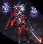  armor armored_boots armpits blue_hair boots elbow_gloves full_body funnels gloves greaves green_eyes high_heel_boots high_heels leg_armor leotard mecha_musume original ponytail shiny shiny_clothes shiny_hair shiny_skin short_hair skin_tight solo standing sword thighhighs tomonao weapon 