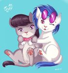  2015 black_hair blue_background blue_fur bow_tie cat duo eyewear feline female feral friendship_is_magic fur grey_fur hair hug jowybean looking_at_viewer mammal my_little_pony octavia_(mlp) one_eye_closed open_mouth pawpads paws pink_eyes plain_background purple_eyes sunglasses vinyl_scratch_(mlp) white_fur wink 