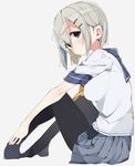  absurdres bad_id bad_pixiv_id blue_eyes breasts hair_ornament hair_over_one_eye hairclip hamakaze_(kantai_collection) highres kantai_collection kayahara large_breasts miniskirt pantyhose school_uniform serafuku short_hair silver_hair sitting skirt solo uniform 