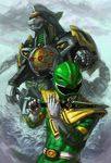  1boy dragon_caesar dragonzord drill epic fangs flute glowing glowing_eyes green_ranger horn instrument kaiju_samurai lightning mecha power_rangers robot super_sentai tail water 