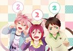  animal_ears bad_id bad_pixiv_id black_hair blue_eyes blush cat_day cat_ears cat_tail child extra_ears fangs free! kemonomimi_mode male_focus matsuoka_rin multiple_boys open_mouth paw_pose pink_hair purple_eyes red_hair ronisuke shigino_kisumi smile tail yamazaki_sousuke younger 