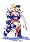  1girl alternate_costume arm_around_waist bad_id bad_tumblr_id bare_shoulders black_hair blonde_hair blue_eyes body_horror bottomless bra breasts claws cleavage cody_travers commentary crossover diepod drill_hair eldritch_abomination fusion han_juri implied_sex large_breasts legs_together o-ring o-ring_top open_mouth pink_eyes prison_clothes signature standing street_fighter street_fighter_iv_(series) the_thing twin_drills underwear white_background 
