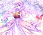  bad_id bad_pixiv_id book bow crescent hair_bow hat large_bow long_hair patchouli_knowledge pink_eyes purple_hair riichu robe solo standing staring striped touhou 