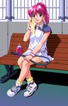  artist_request bench green_eyes mahjong_sports_line pc98 pink_hair ponytail racket shoes sitting sneakers solo sportswear sweat tennis_racket tennis_uniform towel wiping_face wristband 