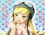  bakemonogatari blonde_hair blush_stickers doughnut eating fang food goggles helmet kimoto_kanata long_hair monogatari_(series) oshino_shinobu pon_de_ring solo strap_slip yellow_eyes 