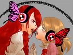  brown_hair bug butterfly face-to-face headphones insect kirijou_mitsuru lips long_hair lowres magnet_(vocaloid) marimozawa_tomoe multiple_girls parody persona persona_3 red_hair short_hair takeba_yukari vocaloid yuri 