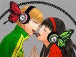  amagi_yukiko black_hair brown_hair bug butterfly face-to-face headphones insect lowres magnet_(vocaloid) marimozawa_tomoe multiple_girls parody persona persona_4 satonaka_chie short_hair tomboy vocaloid 