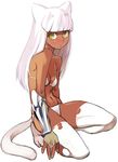  animal_ears bad_id bad_pixiv_id bikini breasts bridal_gauntlets cat_ears cat_paws cat_tail dark_skin expressionless fingerless_gloves gauntlets gloves heisa navel original paws small_breasts solo squatting swimsuit tail thighhighs torn_clothes torn_legwear white_bikini white_hair yellow_eyes 
