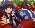  :3 black_hair boots couch face goe headdress idolmaster idolmaster_(classic) kikuchi_makoto lolita_fashion long_hair lying on_stomach solo wa_lolita yukata_maid_(idolmaster) 