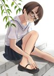  brown_eyes brown_hair child glasses luna2 mary_janes original paw_print school_uniform shoes short_hair sitting sitting_on_stairs skirt solo stairs 
