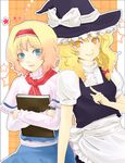  alice_margatroid blonde_hair blue_eyes book braid hairband hat highres kirisame_marisa mocha_(ng) multiple_girls short_hair touhou witch_hat yellow_eyes 