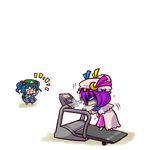  &gt;_&lt; 2girls :d backpack bag blue_hair breath cheering chibi closed_eyes exercise hair_bobbles hair_ornament hat kawashiro_nitori multiple_girls open_mouth patchouli_knowledge purple_hair short_hair simple_background smile socha touhou treadmill twintails two_side_up xd 