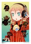  6+girls absurdres ahoge band blonde_hair blue_eyes castanets clarinet digital_media_player drill_hair drum guitar headphones highres instrument listening_to_music minigirl mota multiple_girls original scan striped 