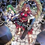  anklet breasts detached_sleeves feet frog green_eyes green_hair hair_ornament hasekura_noizu jewelry kochiya_sanae large_breasts leaf_hair_ornament multiple_girls onbashira purple_hair red_eyes sandals short_hair snake touhou yasaka_kanako 