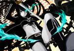 arm_cannon bad_id bad_pixiv_id belt bikini_top black_hair black_rock_shooter black_rock_shooter_(character) blue_eyes boots burning_eye chain coat highres itoi long_hair midriff navel pale_skin solo sword twintails weapon 