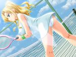  1girl blonde_hair game_cg panties racket sky solo tennis tennis_racket underwear wristband 
