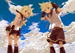  1girl aqua_eyes blonde_hair brother_and_sister cloud day from_below hair_ornament hair_ribbon hairclip headphones headset kagamine_len kagamine_rin ma_ru_mi necktie ribbon short_hair shorts siblings sky twins vocaloid 