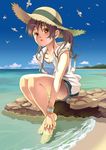  aoi_sora_(pairan) bad_id bad_pixiv_id barefoot beach bird brown_eyes brown_hair cloud day denim denim_skirt hands_on_feet hat leg_hug ocean open_mouth original outdoors pairan ponytail sandals sandals_removed seagull sidelocks sitting skirt sky soaking_feet solo straw_hat sun_hat sweatband water 