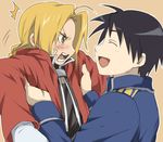  angry bad_id bad_pixiv_id black_hair blonde_hair blush closed_eyes edward_elric fullmetal_alchemist laughing lift male_focus maruki_(punchiki) multiple_boys roy_mustang smile yellow_eyes 