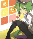  :&lt; animal_ears bad_id bad_pixiv_id bandaid bandaid_on_face black_legwear boots cat_ears cellphone gradient_hair green_eyes green_hair hat knee_boots knees_together_feet_apart multicolored_hair original phone purple_hair short_hair sitting solo tail thighhighs triangle_mouth yuuba zettai_ryouiki 