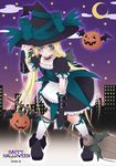  2008 blonde_hair blue_eyes bow broom choker city cloud crescent_moon crossdressing dress gothic_lolita halloween happy_halloween hat inui_hiroshi jack-o'-lantern kneehighs leopold_stotch lolita_fashion long_hair male_focus marjorine moon night otoko_no_ko pumpkin socks solo south_park star witch witch_hat 