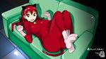  animal_costume animal_ears ass bad_id bad_pixiv_id bell bell_collar bodysuit breasts cat_costume collar couch feet gloves highres large_breasts long_hair lying mori_hikiko original paw_pose red_eyes red_hair socks solo tail teriyaki 