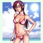  bikini blue_eyes breasts covered_nipples day evangelion:_2.0_you_can_(not)_advance glasses hand_on_hip long_hair makinami_mari_illustrious medium_breasts neon_genesis_evangelion nike_(0306) rebuild_of_evangelion red_hair solo striped striped_bikini sun swimsuit twintails 