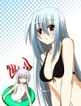  bikini_top blue_hair blush breast_envy breasts cleavage flat_chest front-tie_top fujiwara_no_mokou fumihiro hair_ribbon innertube kamishirasawa_keine large_breasts long_hair looking_at_breasts multiple_girls one-piece_swimsuit red_eyes ribbon silver_hair simple_background swimsuit touhou very_long_hair 