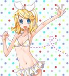  :d armpits bad_id bad_pixiv_id bikini blonde_hair blue_eyes fang frilled_bikini frills gathers headset kagamine_rin mikipa navel open_mouth outstretched_arm polka_dot project_diva project_diva_(series) smile solo swimsuit swimwear_(module) vocaloid waving 