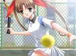  1girl brown_eyes brown_hair game_cg immoral(game) panties racket solo sweat tennis tennis_racket underwear 