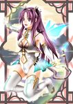  breasts brown_eyes cleavage copyright_request elbow_gloves fang gloves horns large_breasts long_hair purple_hair solo tail uron-rei white_gloves wings 