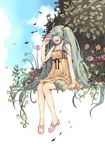  ^_^ ^o^ aqua_hair bare_arms bird bird_on_hand blush closed_eyes day dress flower full_body hair_ribbon hatsune_miku knees_together_feet_apart leaf legs long_hair no_socks petals poppy_(flower) ribbon shoes short_dress sitting sky smile solo twintails very_long_hair vient vocaloid 