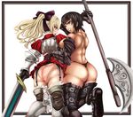  2girls armor ass back bare_shoulders black_hair blonde_hair blush boots bow breastplate breasts brown_eyes clenched_teeth corset from_behind garter_straps gauntlets gold_eyes hair_bow highres huge_ass huge_breasts long_hair looking_back looking_down multiple_girls open_mouth original panties polearm ponytail short_dress short_hair sideboob skirt_lift sweatdrop sword teeth thigh_boots thighhighs thong underwear weapon yellow_eyes 