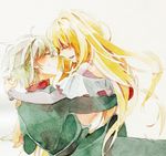  1girl aldnoah.zero asseylum_vers_allusia banbu bare_shoulders belt blonde_hair blush carrying closed_eyes hug long_hair midriff princess_carry silver_hair slaine_troyard smile traditional_media watercolor_(medium) 